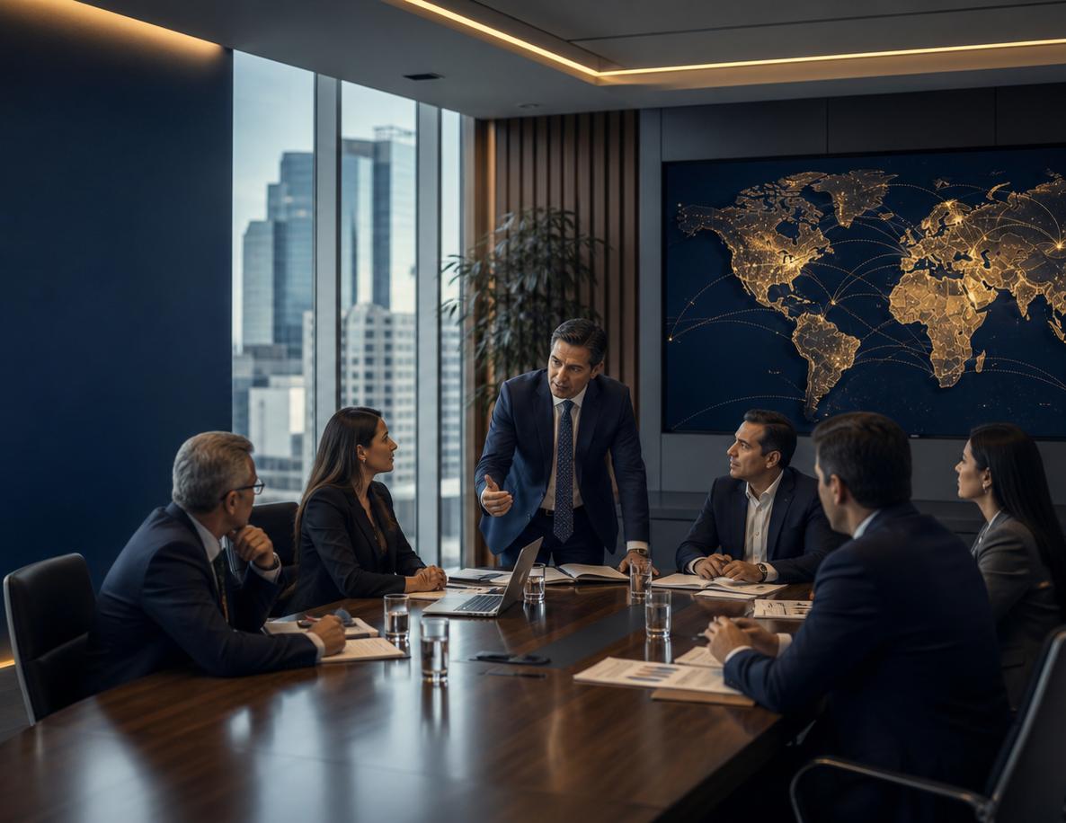 Directivos analizando la estrategia internacional de una cámara empresarial