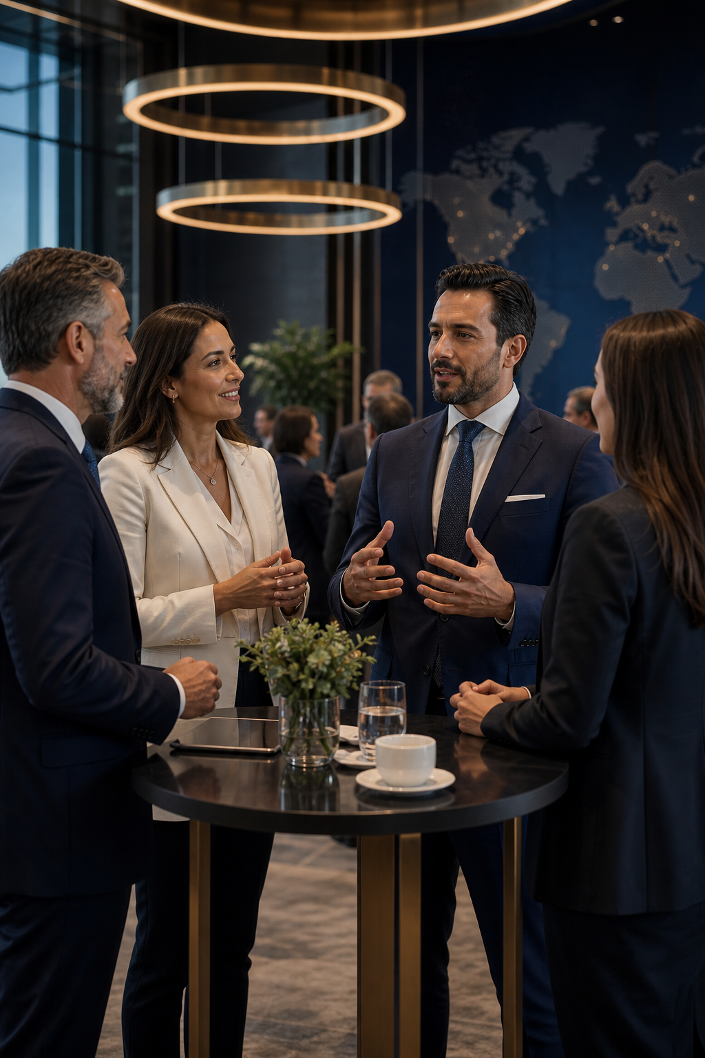 Líderes empresariales conversando sobre crecimiento e innovación institucional