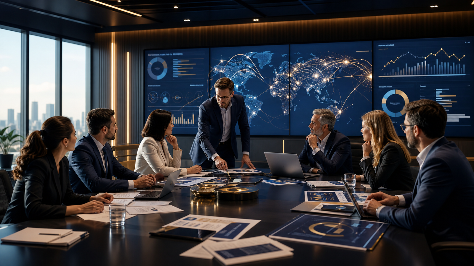 Equipo directivo revisando indicadores y transformación institucional