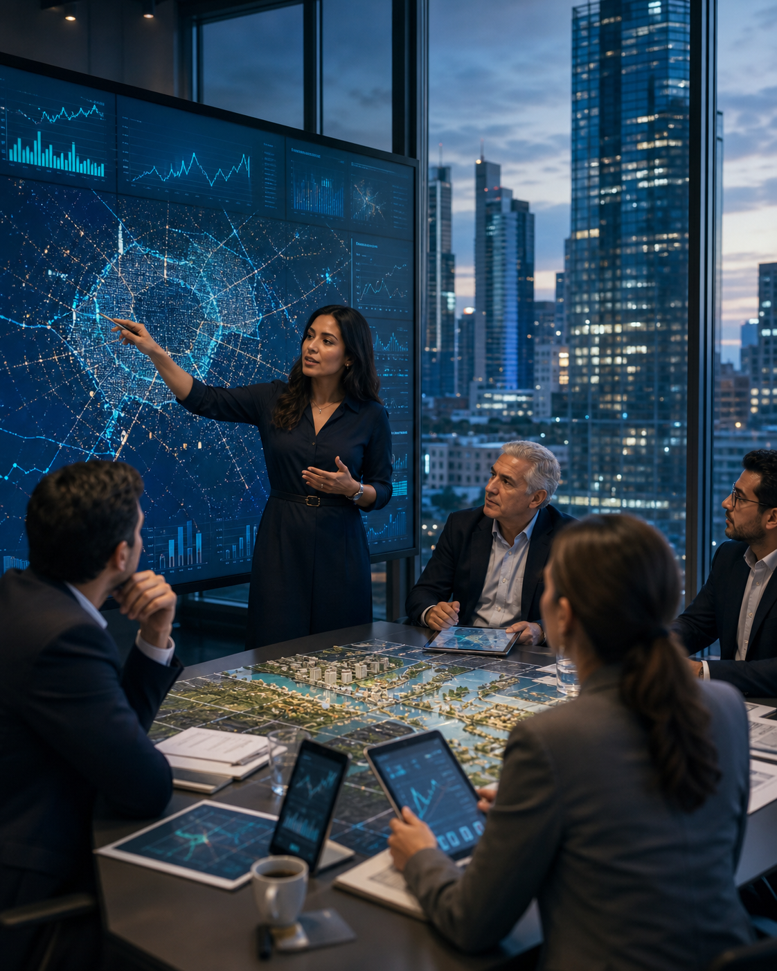Equipo internacional analizando datos y estrategias para ciudades inteligentes