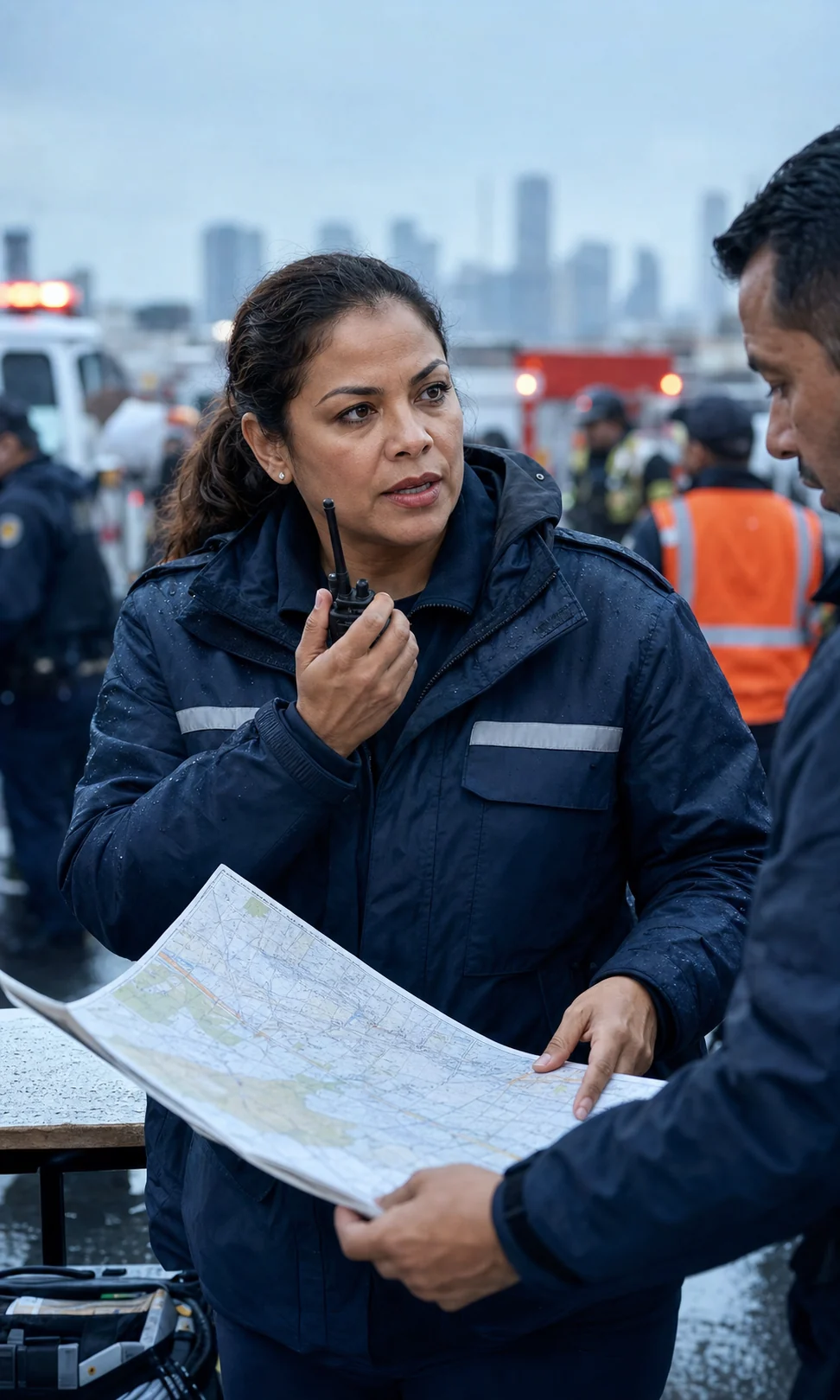 Directora municipal coordinando una respuesta de emergencia