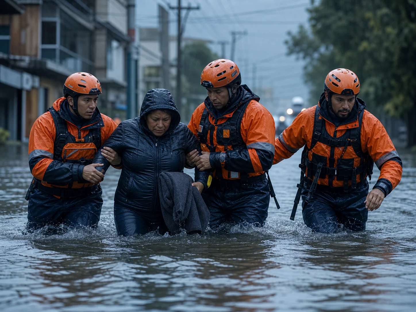 Equipo profesional durante un rescate por inundación