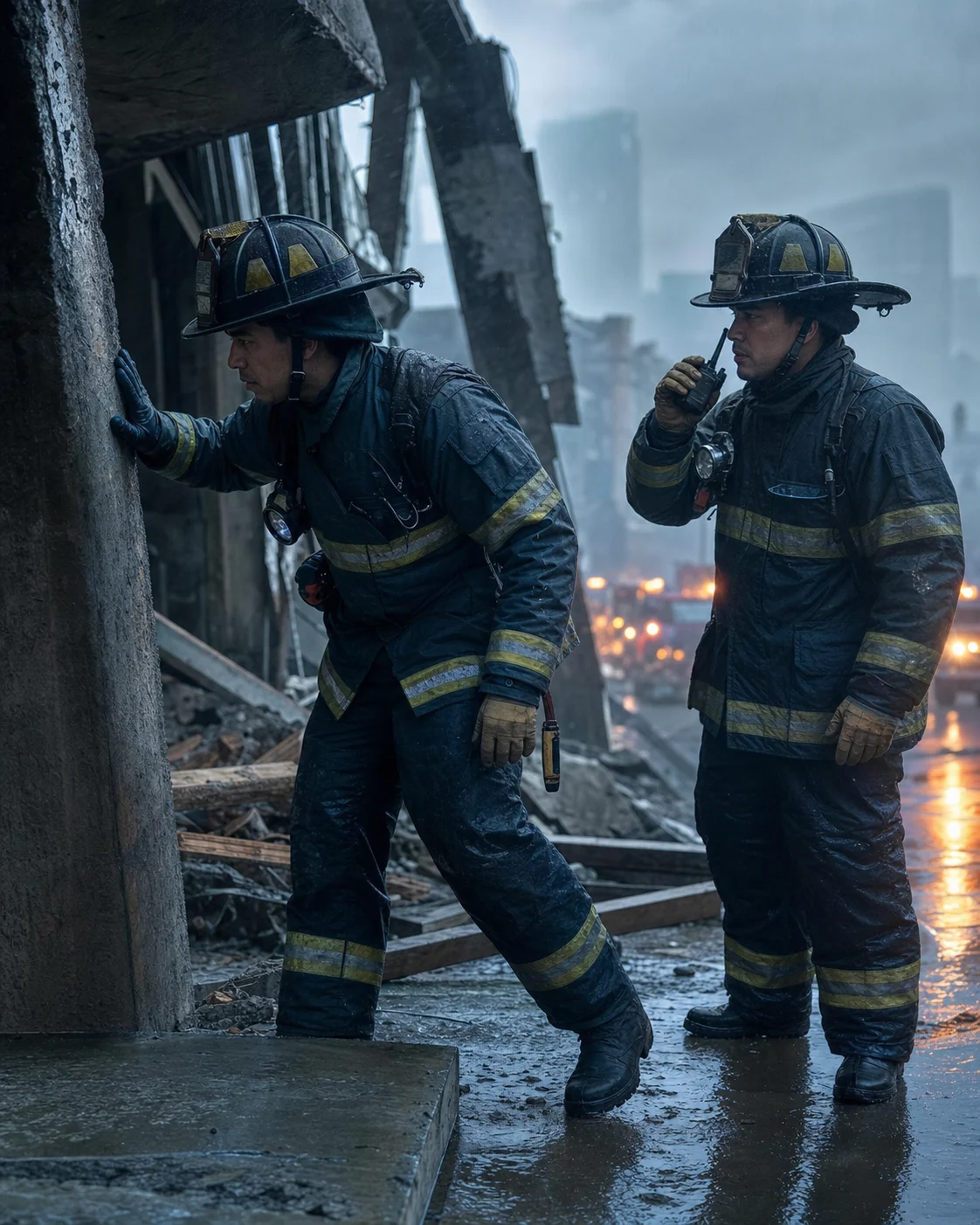 Equipo de bomberos evaluando infraestructura afectada