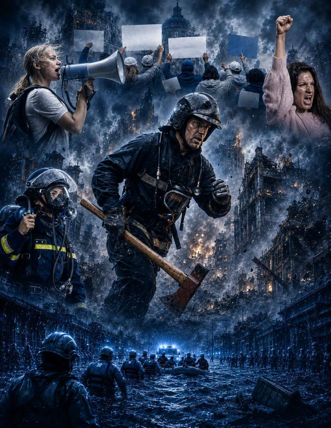 Crisis urbana compleja con respuesta de bomberos, rescate y comunicación ciudadana