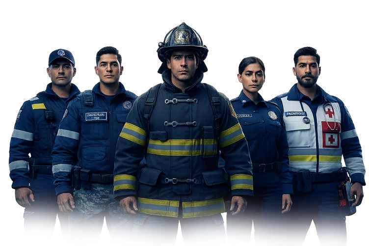 Equipo multidisciplinario de bomberos, paramédicos y seguridad preparado para responder ante una crisis