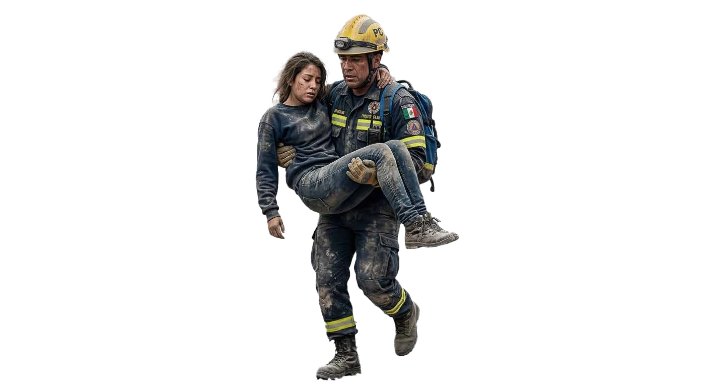 Bombero evacuando a una persona durante una emergencia