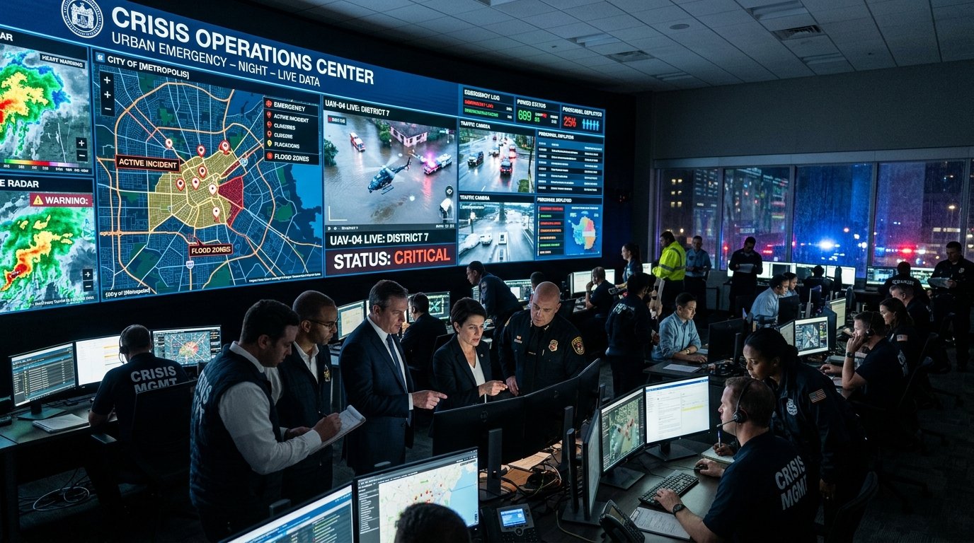 Centro de operaciones coordinando una emergencia urbana en tiempo real