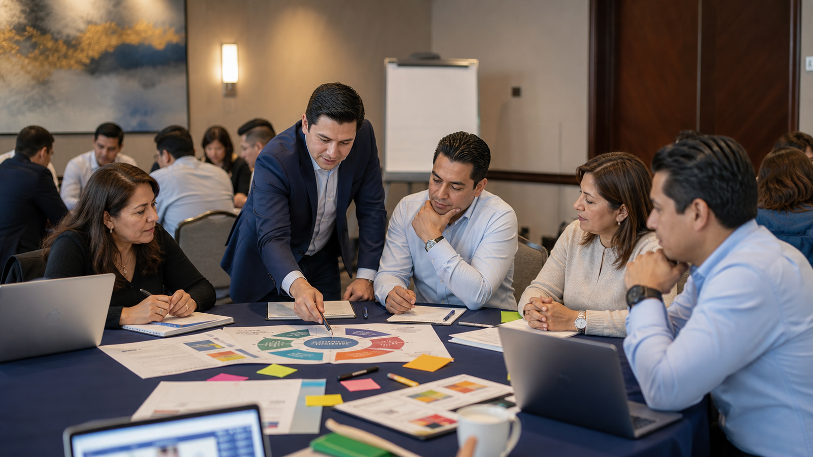 Equipo ejecutivo trabajando en estándares de calidad de servicio