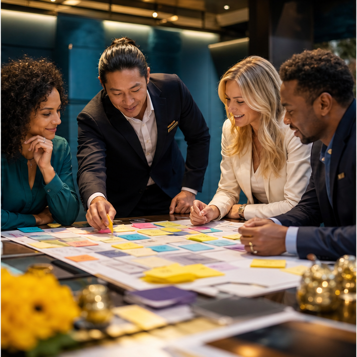 Equipo diseñando ideas creativas para mejorar la experiencia del cliente