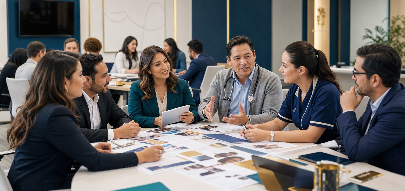 Profesionales diversos colaborando en una formación de experiencia del cliente