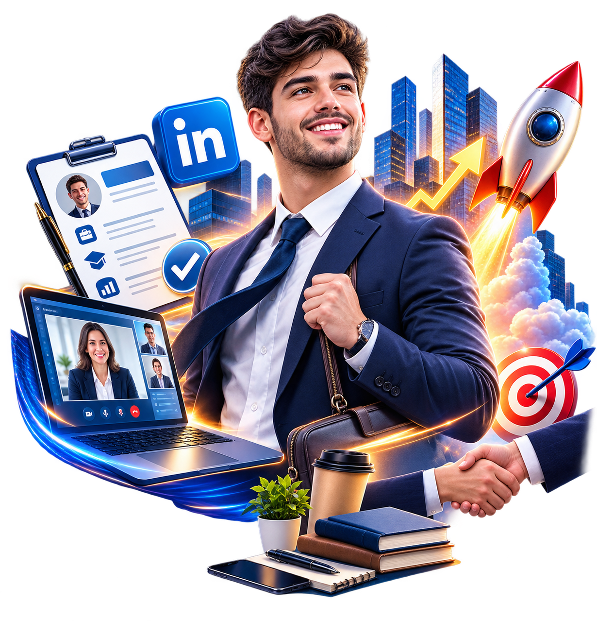 Profesional junto a su CV, LinkedIn, una entrevista virtual y un cohete que representa su crecimiento laboral