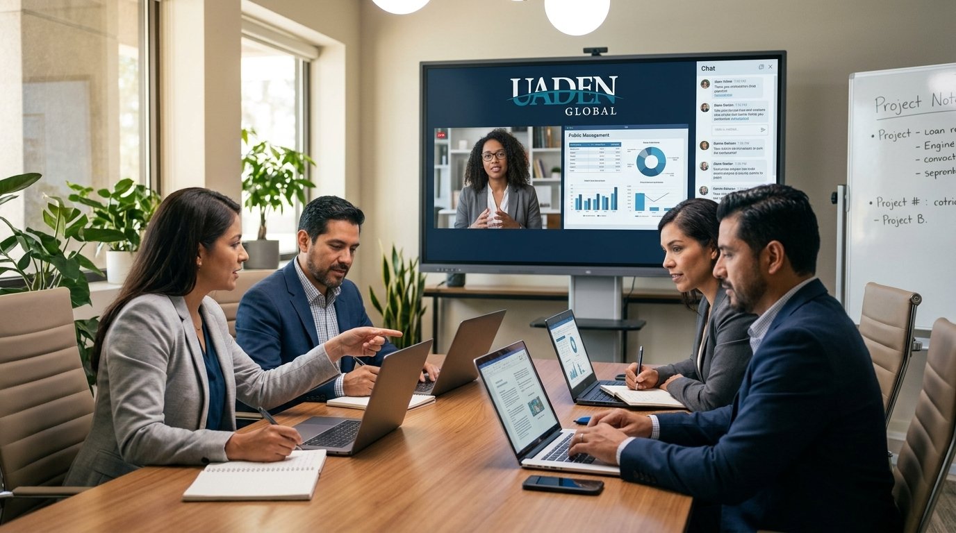 Equipo de gestión pública participando en vivo en la capacitación virtual con la marca UADEN Global