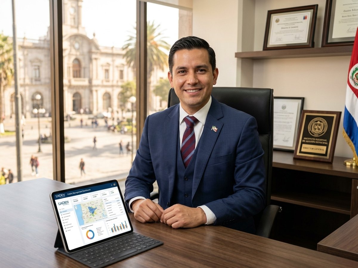 Directivo público en su despacho con vista al palacio municipal y panel de gestión UADEN Global