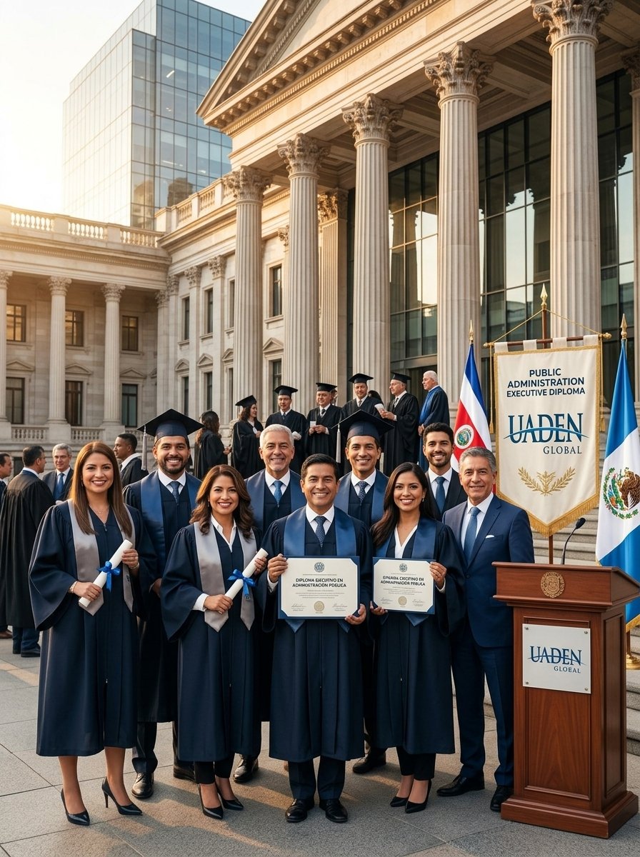 Graduados internacionales del Diplomado en Gestión Pública de UADEN Global con sus diplomas y estandarte oficial
