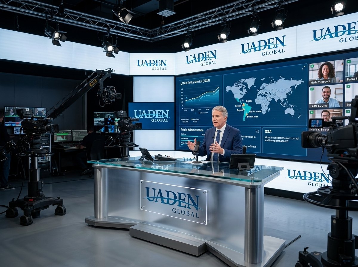 Estudio de transmisión internacional en vivo de UADEN Global con cámaras y pantallas interactivas