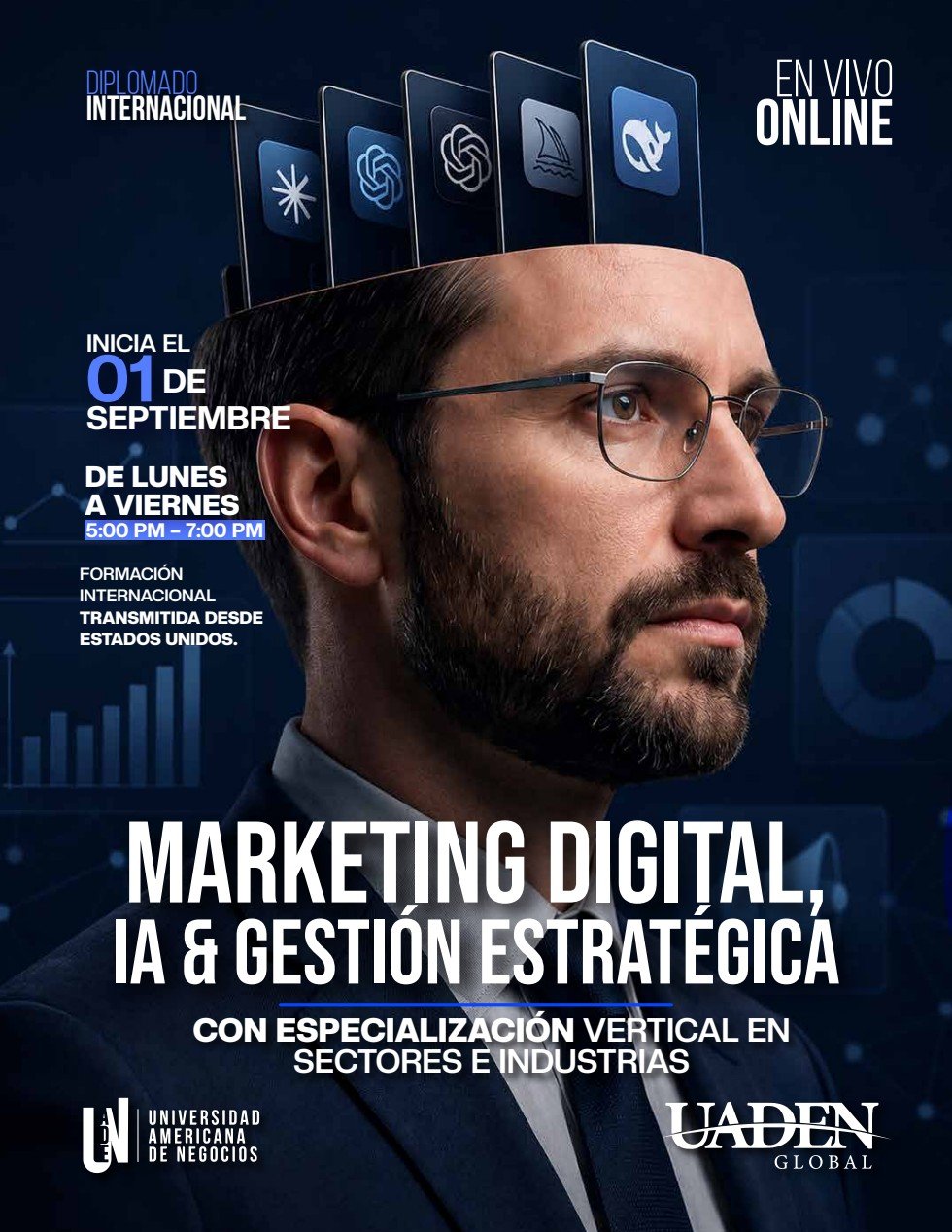 Portada del folleto Marketing Digital, IA y Gestión Estratégica de UADEN