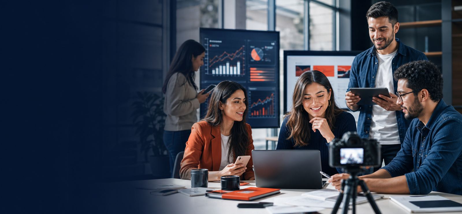 Profesionales ejecutivos desarrollando estrategia de marketing digital