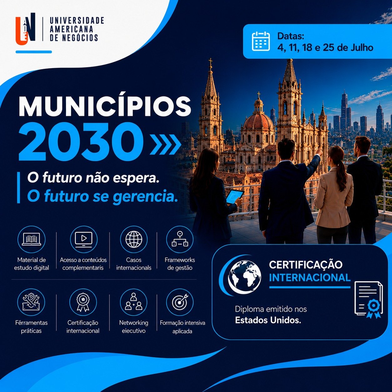 Material gráfico do diplomado Municípios 2030 com certificação internacional