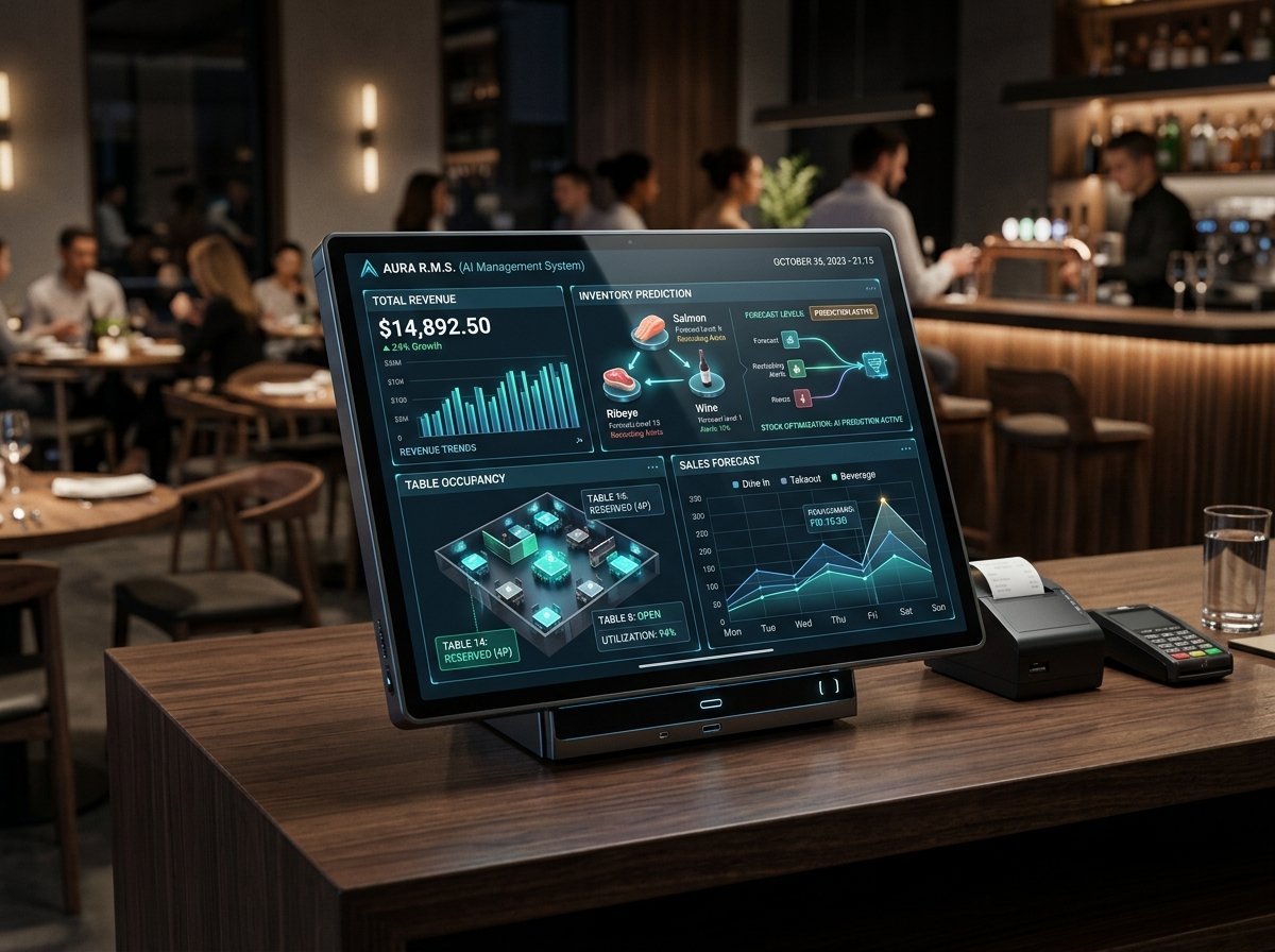 Render 3D de Inteligencia Artificial aplicada al control de restaurante en pantalla POS