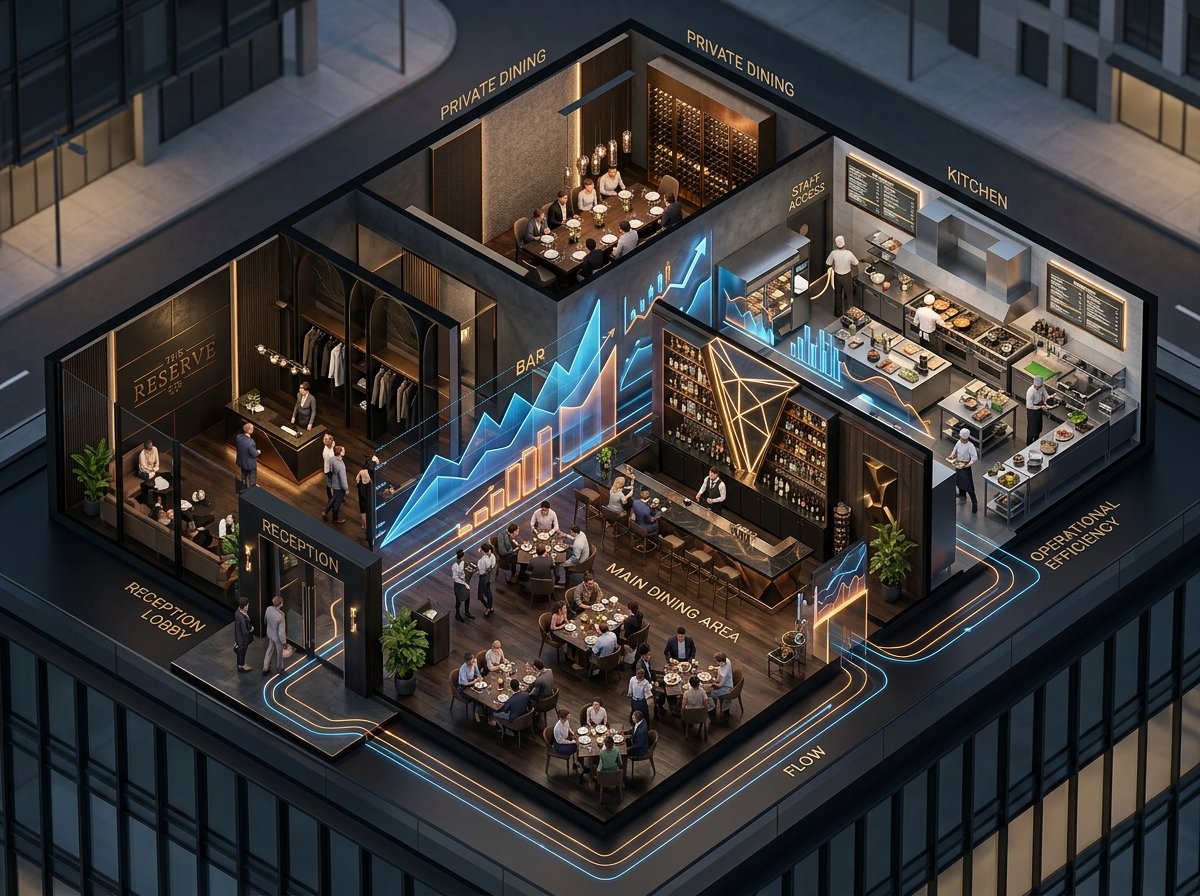 Render 3D isométrico de la operación arquitectónica integral de un restaurante