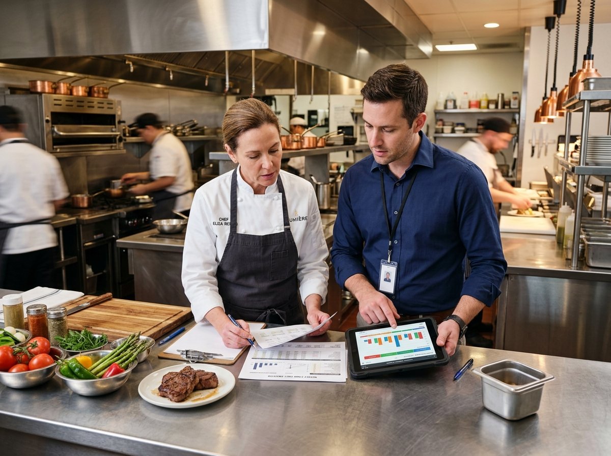 Chef ejecutivo y gerente de operaciones controlando costos e inventarios