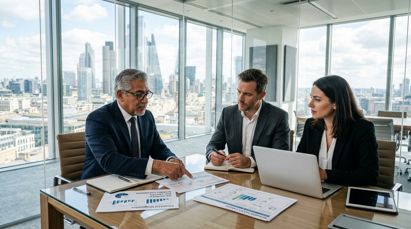Equipo consultor revisando un diagnostico financiero con la direccion