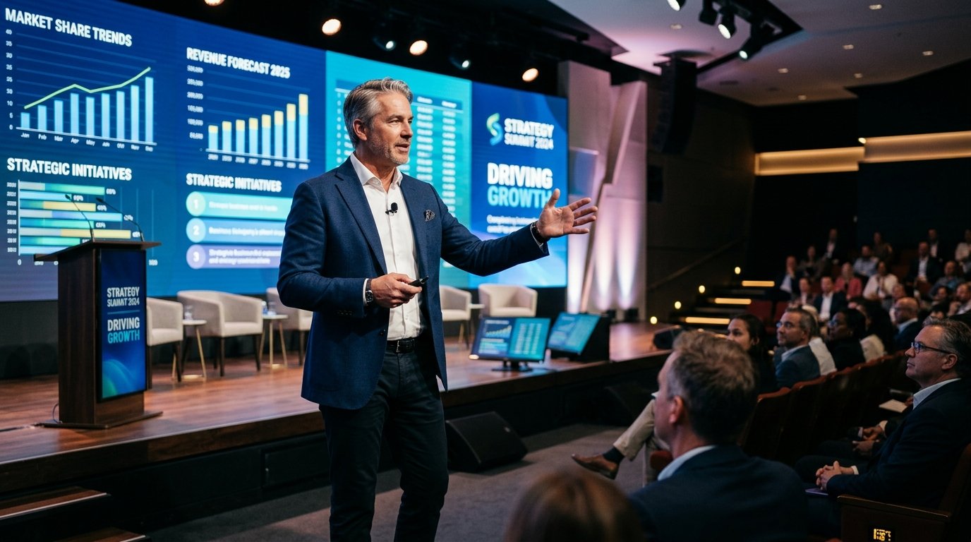 Conferencia y masterclass de dirección estratégica con audiencia corporativa