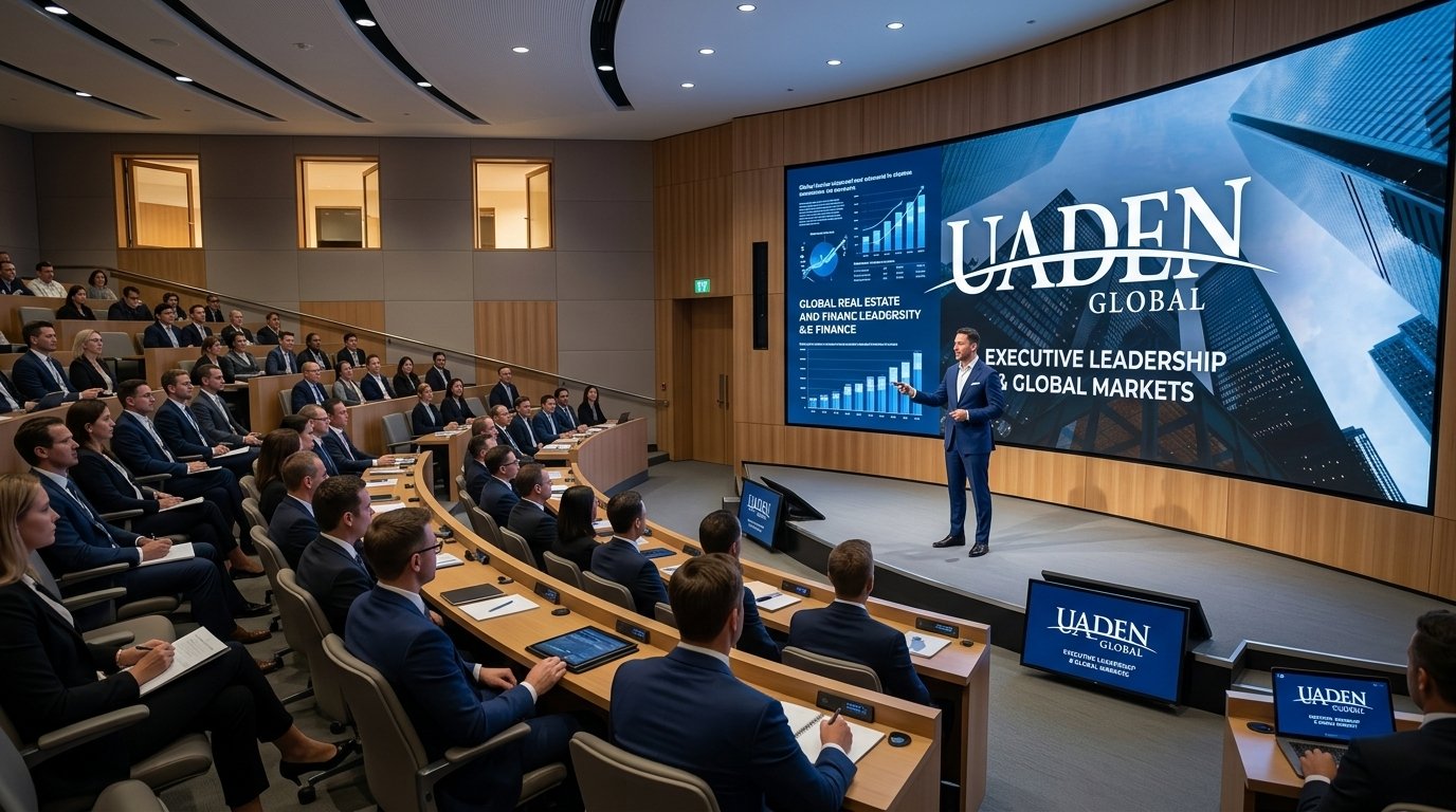 Masterclass corporativa de UADEN Global con pantalla principal y audiencia ejecutiva