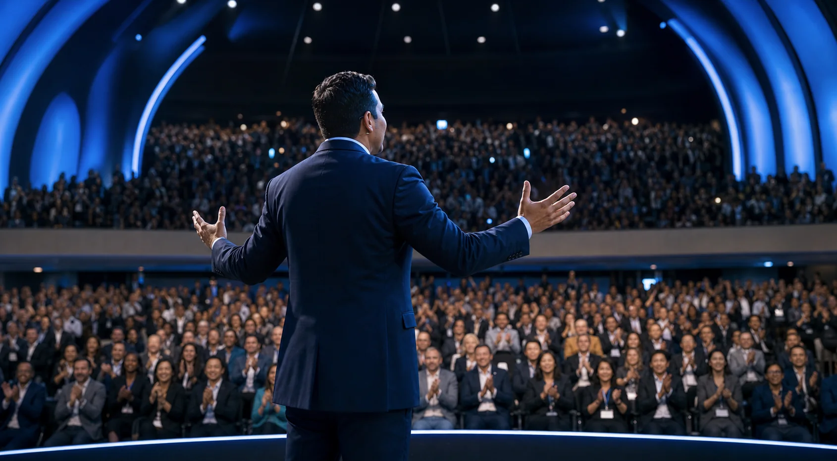 Conferencista egresado frente a gran auditorio